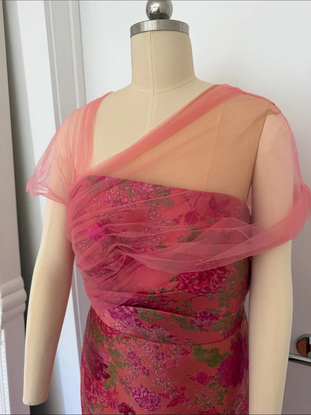 Theia Pink and Green Floral Brocade Maxi Gown with Sheer Capelet - Picture 4 of 8